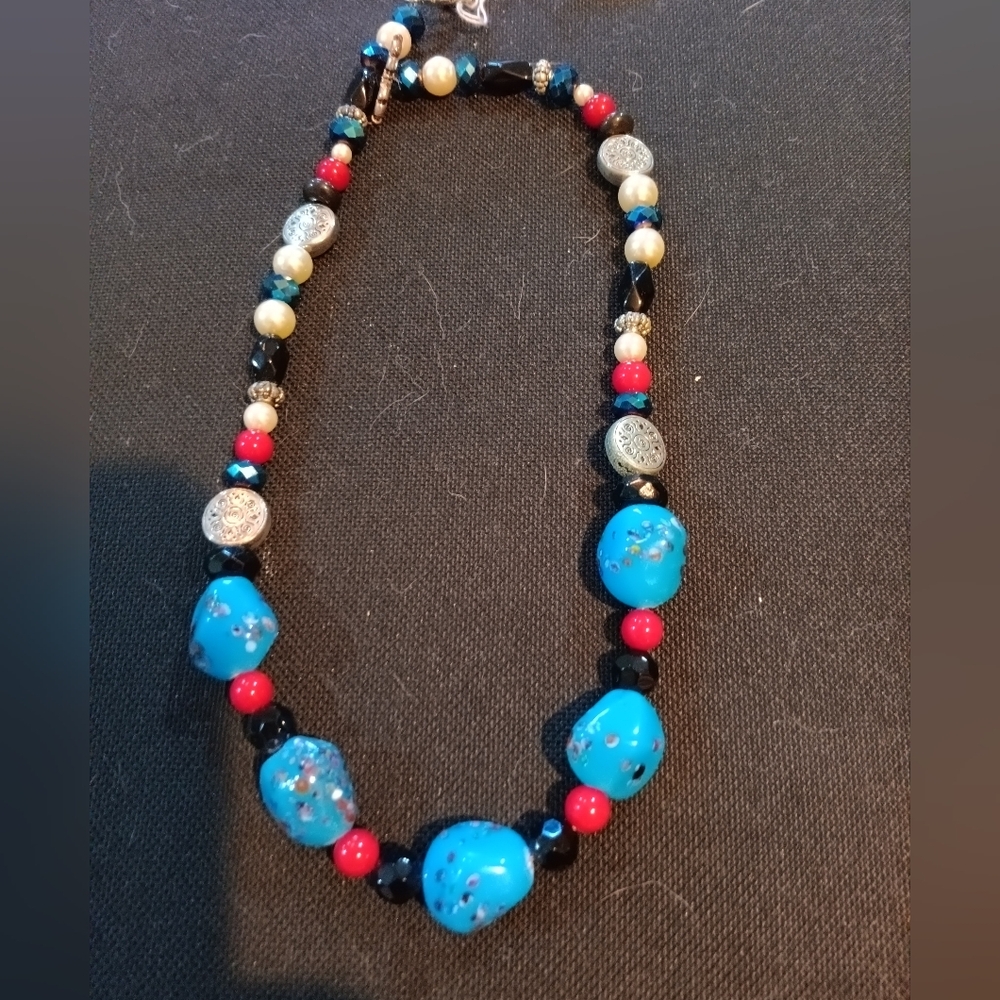 Turquoise and Red Beaded Necklace